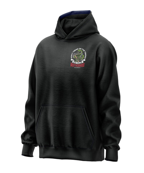 Don't Tread on Trades Proud Hooded Sweatshirt in black, gray or blue, featuring bold yellow and white lettering with a tough 'Don’t Tread on Me' inspired design. Ideal for skilled tradesmen, including electricians, welders, and carpenters. Heavyweight, durable material for year-round comfort and protection on the job site. Show pride in the trades with this iconic hoodie.
