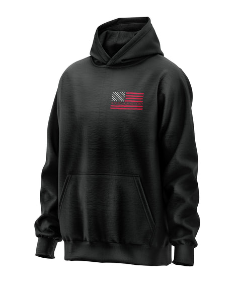 Black hoodie with a red and white flag design on the back with welding tools for the stripes and an American Flag with welding ribbon on the front chest.