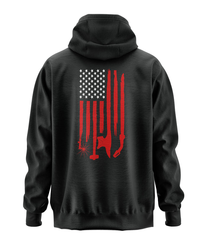 Black hoodie with a red and white flag design on the back with welding tools for the stripes and an American Flag with welding ribbon on the front chest.