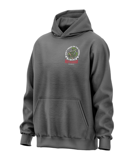 Don't Tread on Trades Proud Hooded Sweatshirt in black, gray or blue, featuring bold yellow and white lettering with a tough 'Don’t Tread on Me' inspired design. Ideal for skilled tradesmen, including electricians, welders, and carpenters. Heavyweight, durable material for year-round comfort and protection on the job site. Show pride in the trades with this iconic hoodie.