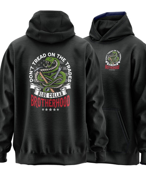 Don't Tread on Trades Proud Hooded Sweatshirt in black, gray or blue, featuring bold yellow and white lettering with a tough 'Don’t Tread on Me' inspired design. Ideal for skilled tradesmen, including electricians, welders, and carpenters. Heavyweight, durable material for year-round comfort and protection on the job site. Show pride in the trades with this iconic hoodie.
