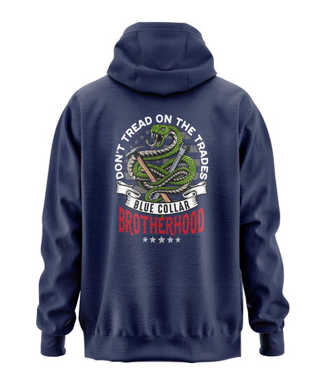 Don't Tread on Trades Proud Hooded Sweatshirt in black, gray or blue, featuring bold yellow and white lettering with a tough 'Don’t Tread on Me' inspired design. Ideal for skilled tradesmen, including electricians, welders, and carpenters. Heavyweight, durable material for year-round comfort and protection on the job site. Show pride in the trades with this iconic hoodie.