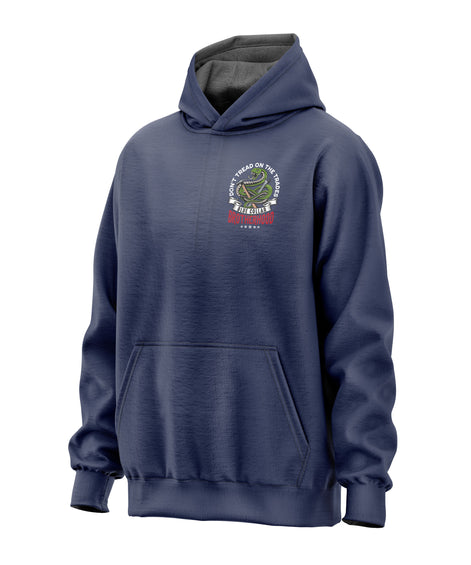 Don't Tread on Trades Proud Hooded Sweatshirt in black, gray or blue, featuring bold yellow and white lettering with a tough 'Don’t Tread on Me' inspired design. Ideal for skilled tradesmen, including electricians, welders, and carpenters. Heavyweight, durable material for year-round comfort and protection on the job site. Show pride in the trades with this iconic hoodie.