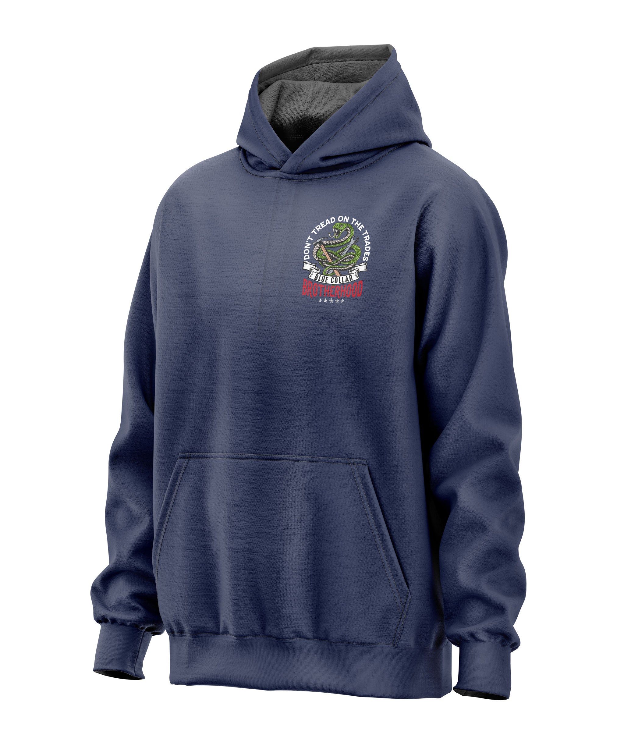 Don't Tread on Trades Proud Hooded Sweatshirt in black, gray or blue, featuring bold yellow and white lettering with a tough 'Don’t Tread on Me' inspired design. Ideal for skilled tradesmen, including electricians, welders, and carpenters. Heavyweight, durable material for year-round comfort and protection on the job site. Show pride in the trades with this iconic hoodie.