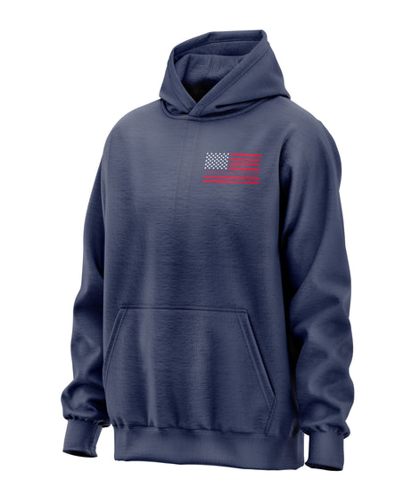 Navy blue hoodie with a red and white flag design on the back with welding tools for the stripes and an American Flag with welding ribbon on the front chest.