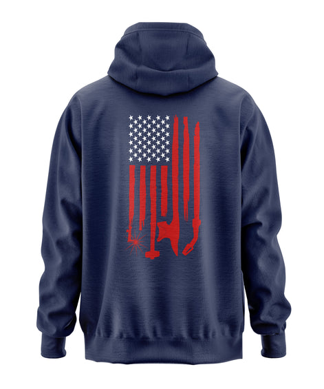 Navy blue hoodie with a red and white flag design on the back with welding tools for the stripes and an American Flag with welding ribbon on the front chest.