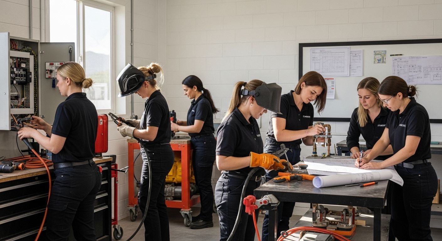 female trades workers, women in skilled trades, diverse women workshop