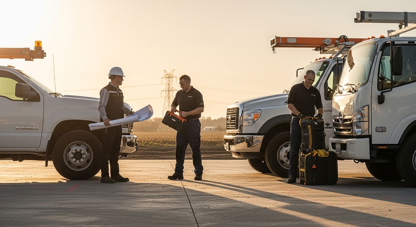 work trucks, professionals, job site