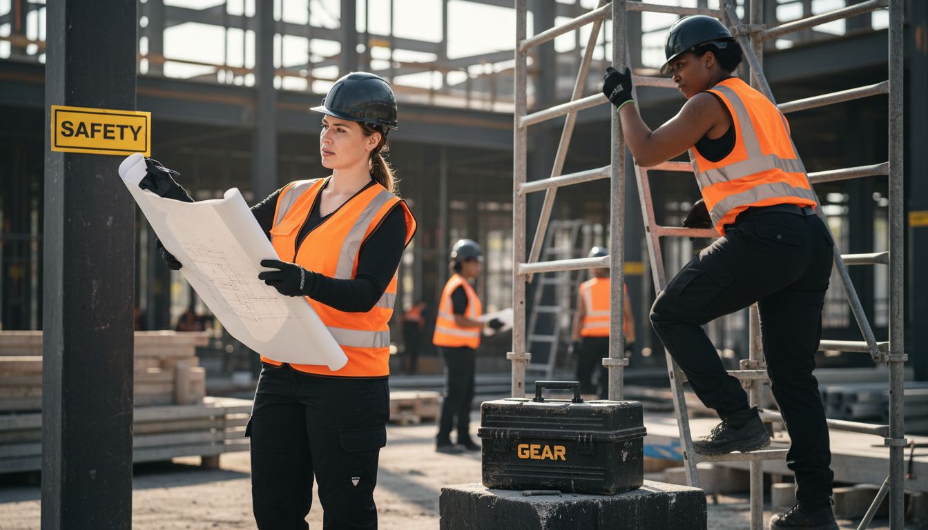 Women in workwear at active construction site