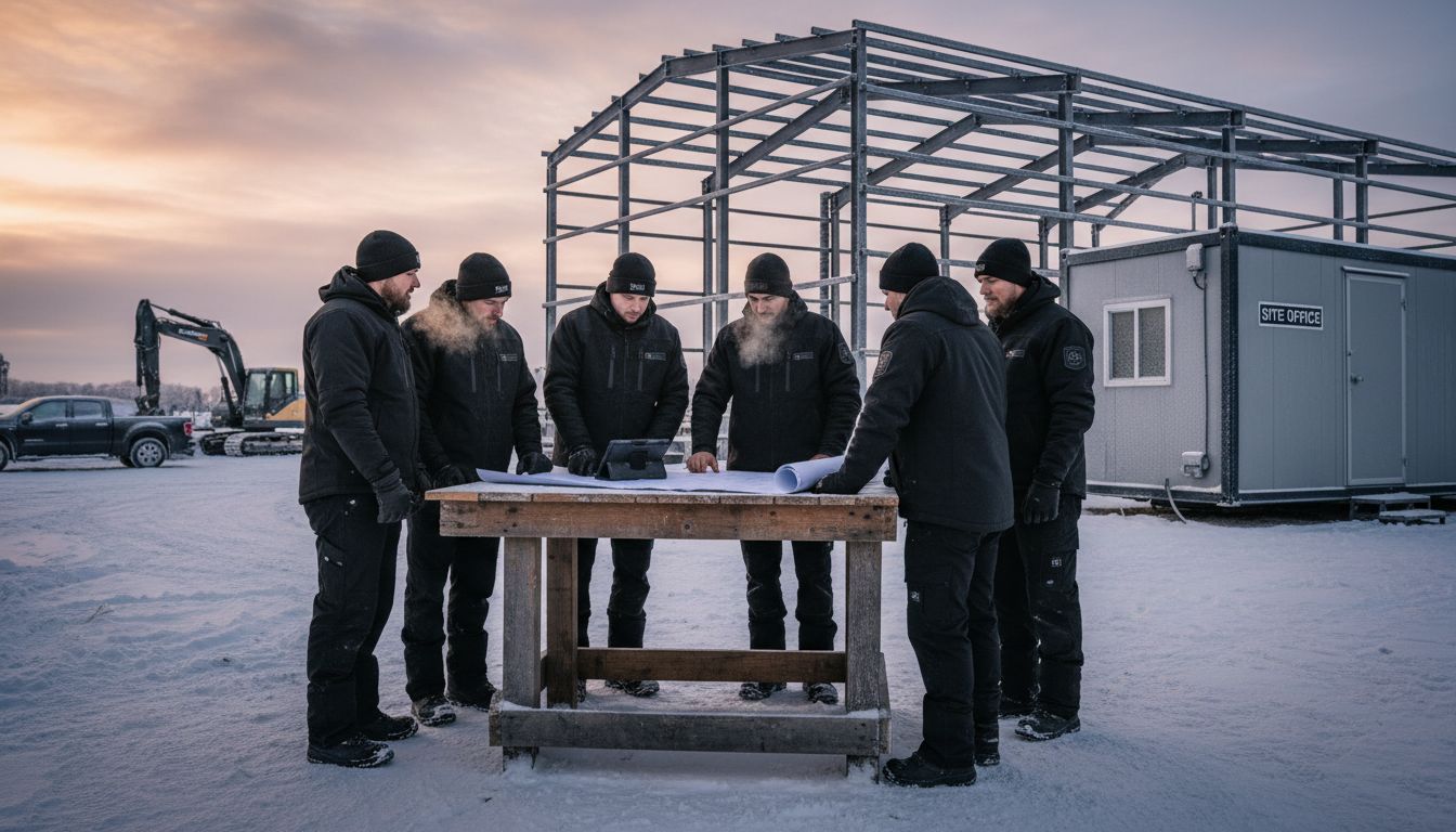 Workers in insulated gear at snowy jobsite