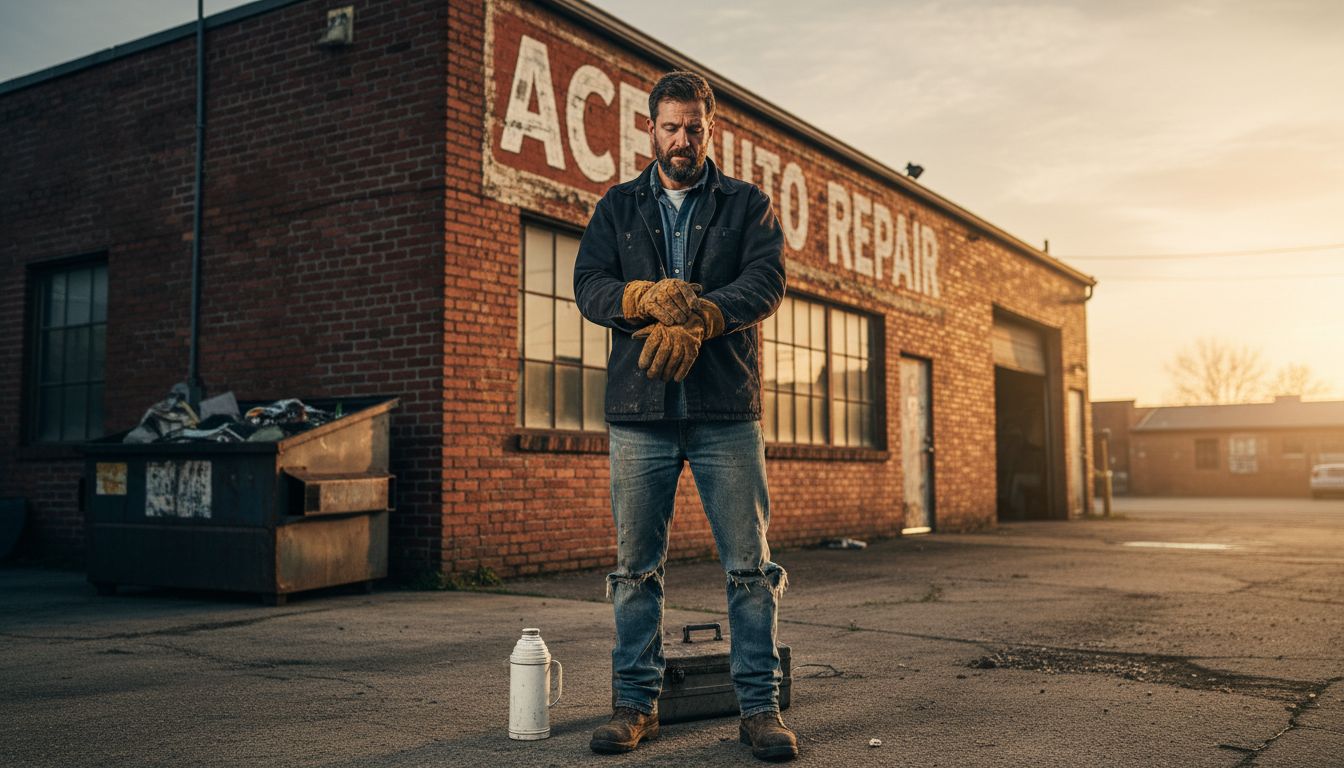 Worker puts on gloves in workwear outside auto shop