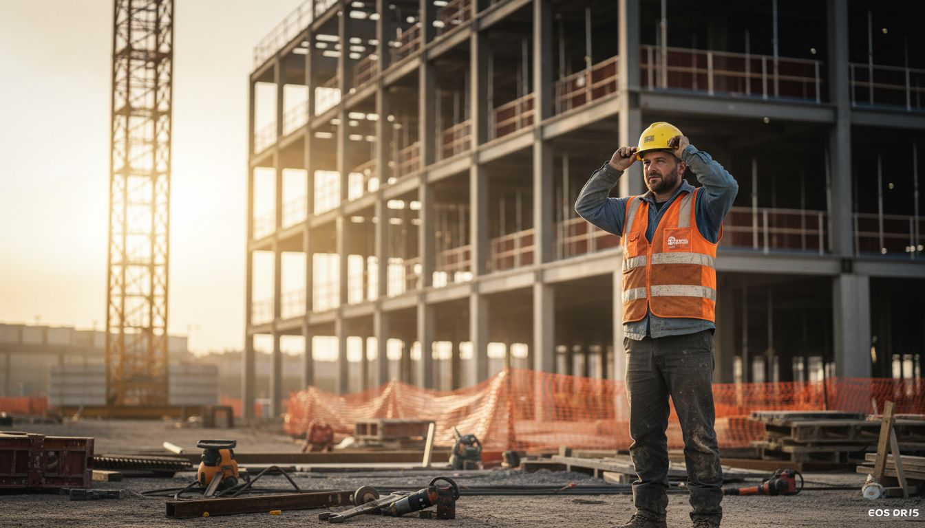 Worker adjusting hard hat on construction site
