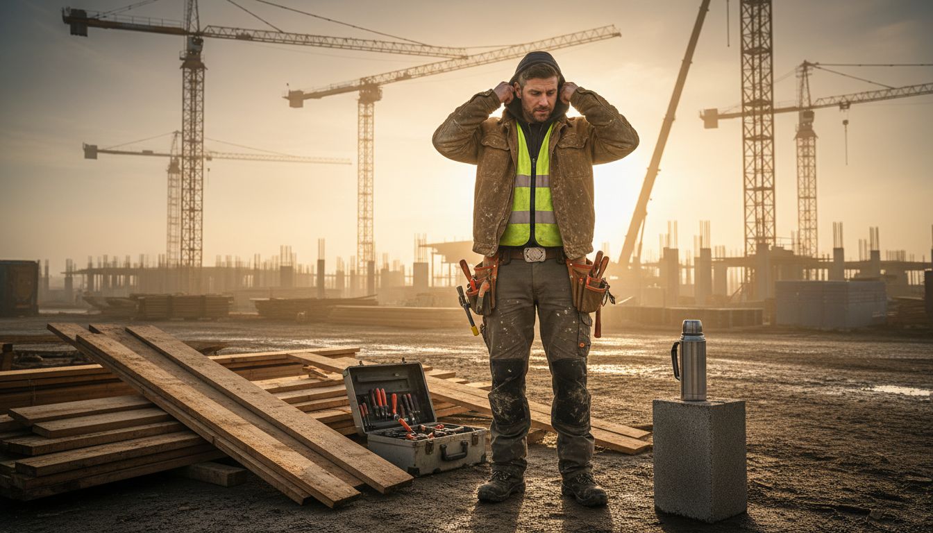 Tradesman adjusts workwear on active jobsite