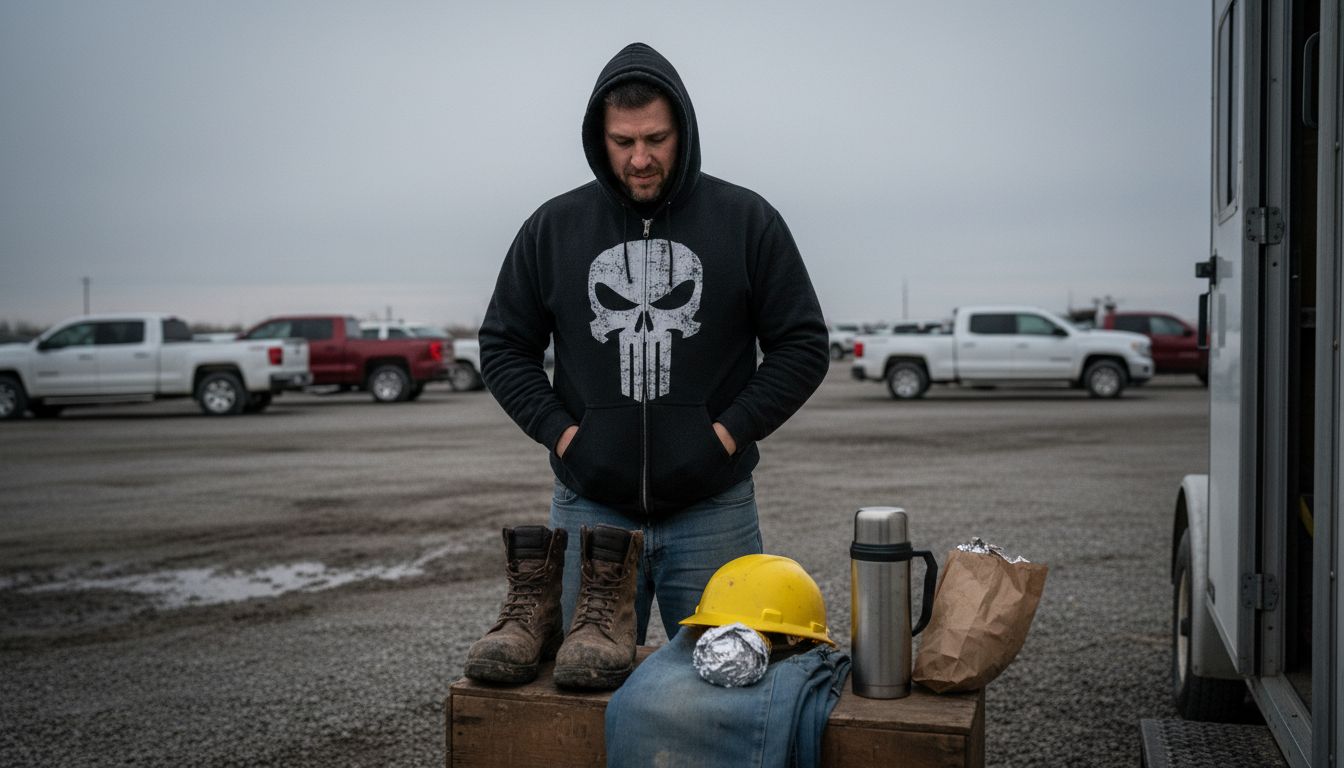 Construction worker putting on Punisher hoodie
