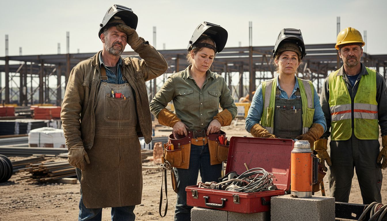 Blue-collar crew at busy construction site