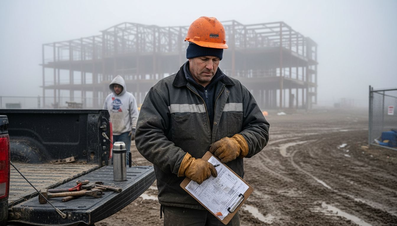 Foreman wearing warm jacket at winter jobsite