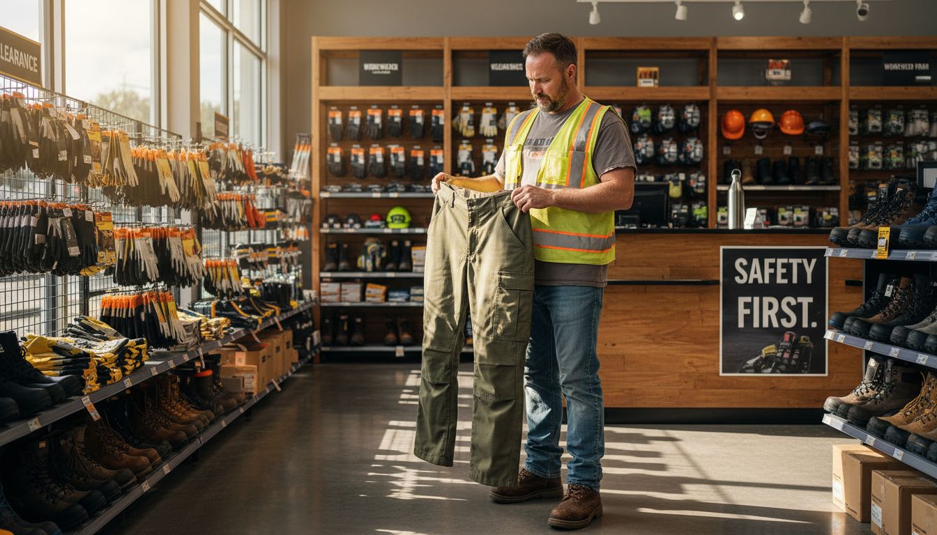Construction worker examines workwear in local store