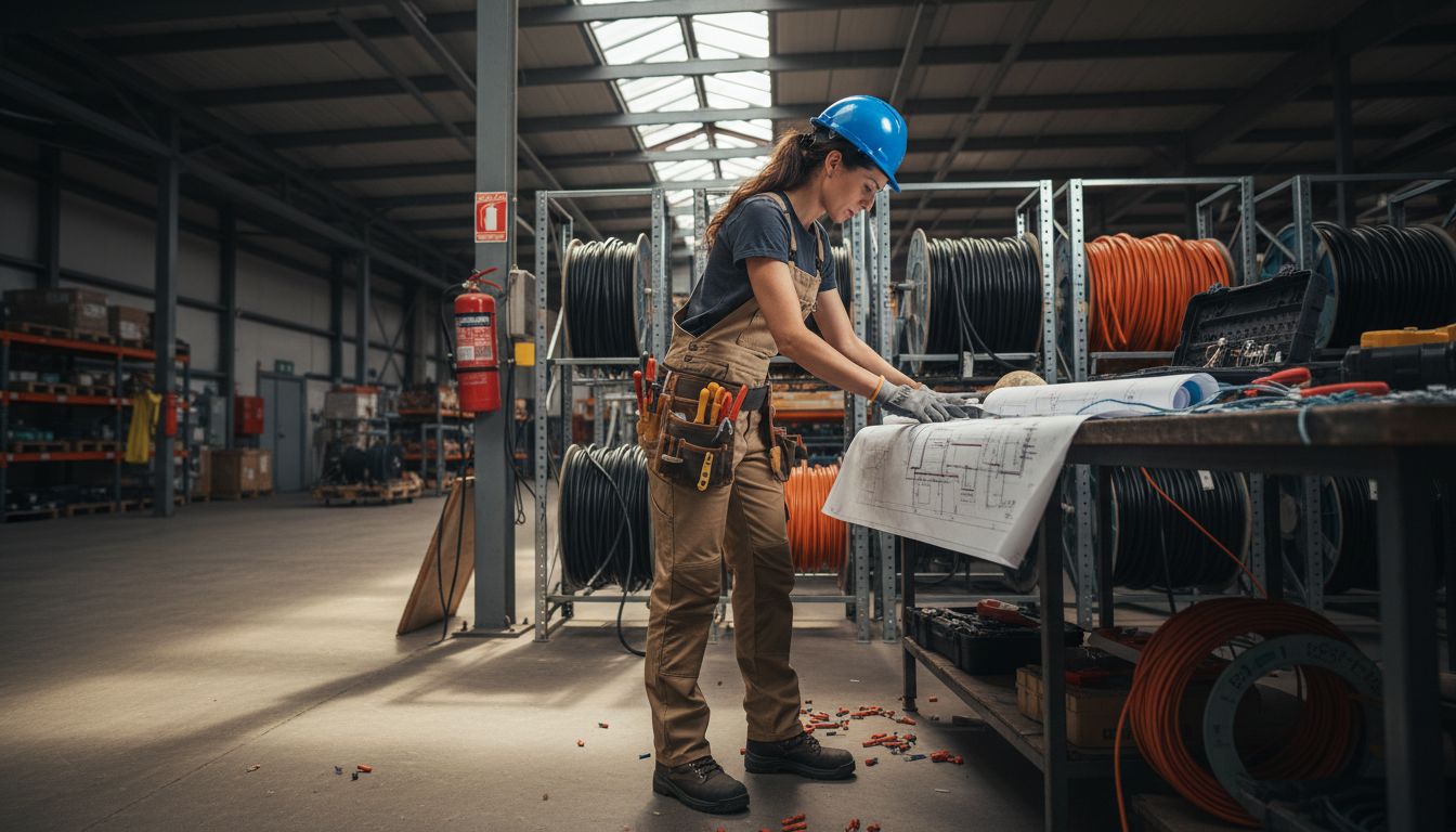 Woman electrician in workwear reviewing diagrams