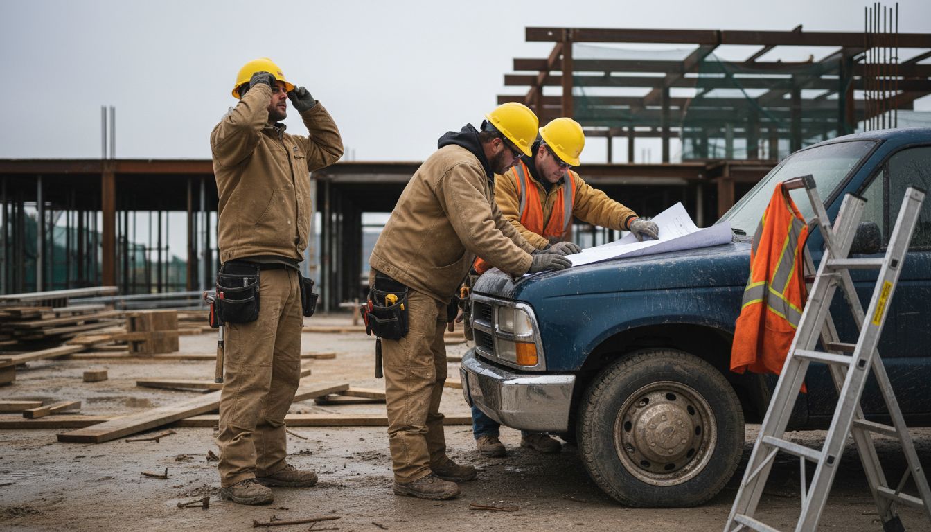 Construction crew wearing durable workwear on site