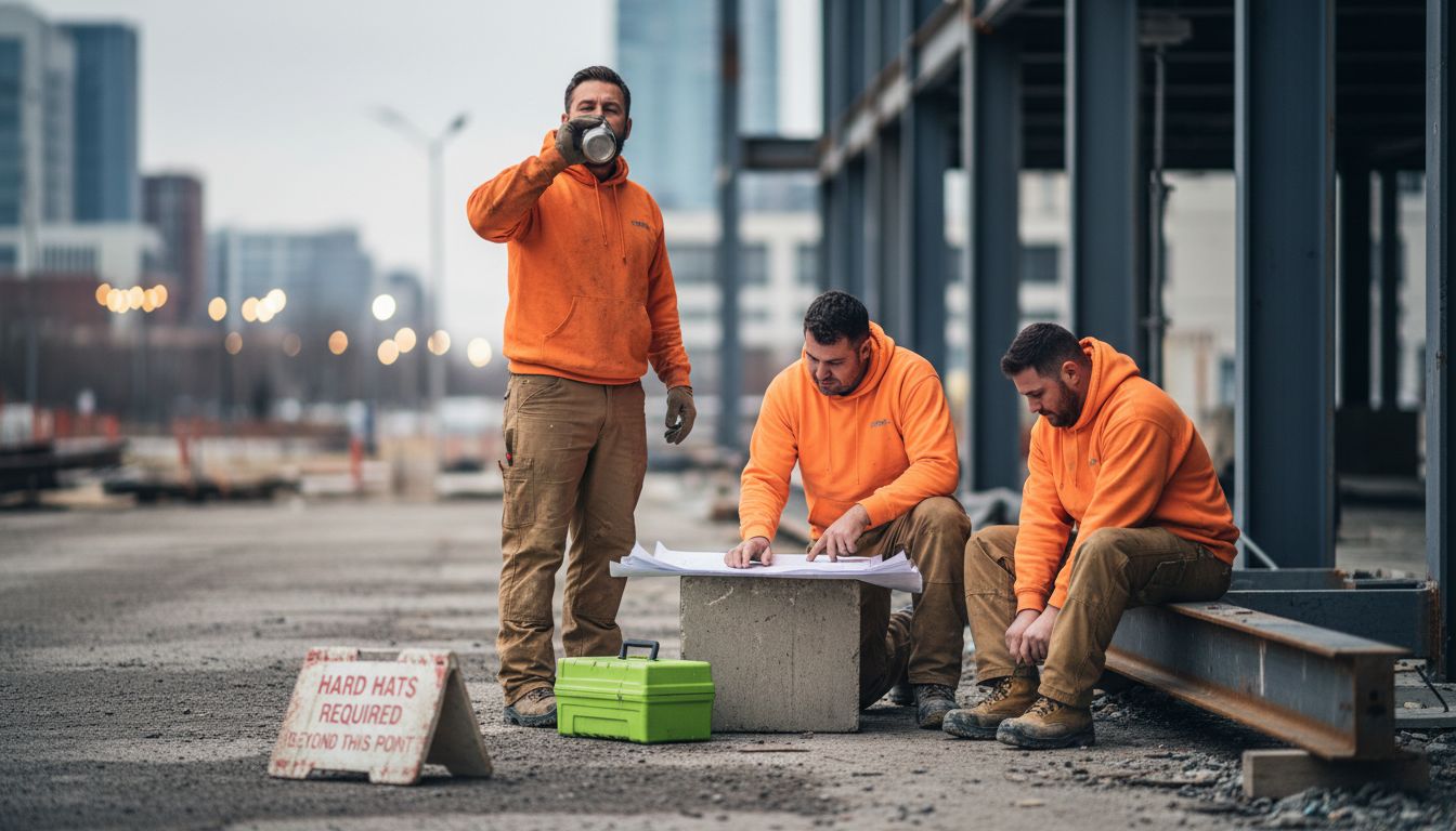 Construction workers wearing rugged builders workwear
