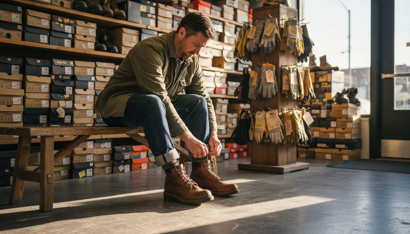 Man trying on new work boots in store