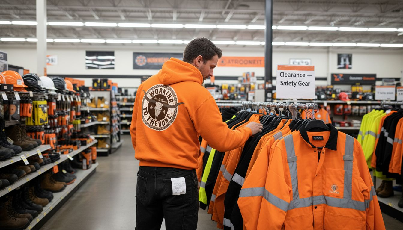 Worker browsing construction clothes store