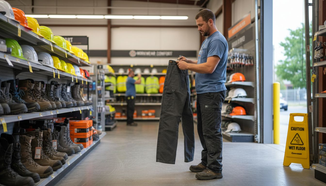 Worker browses construction clothing aisle