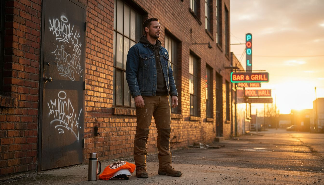 Construction worker blending workwear and street style