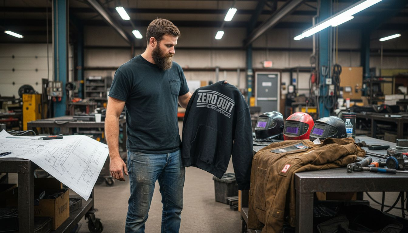 Welder comparing workwear options at bench