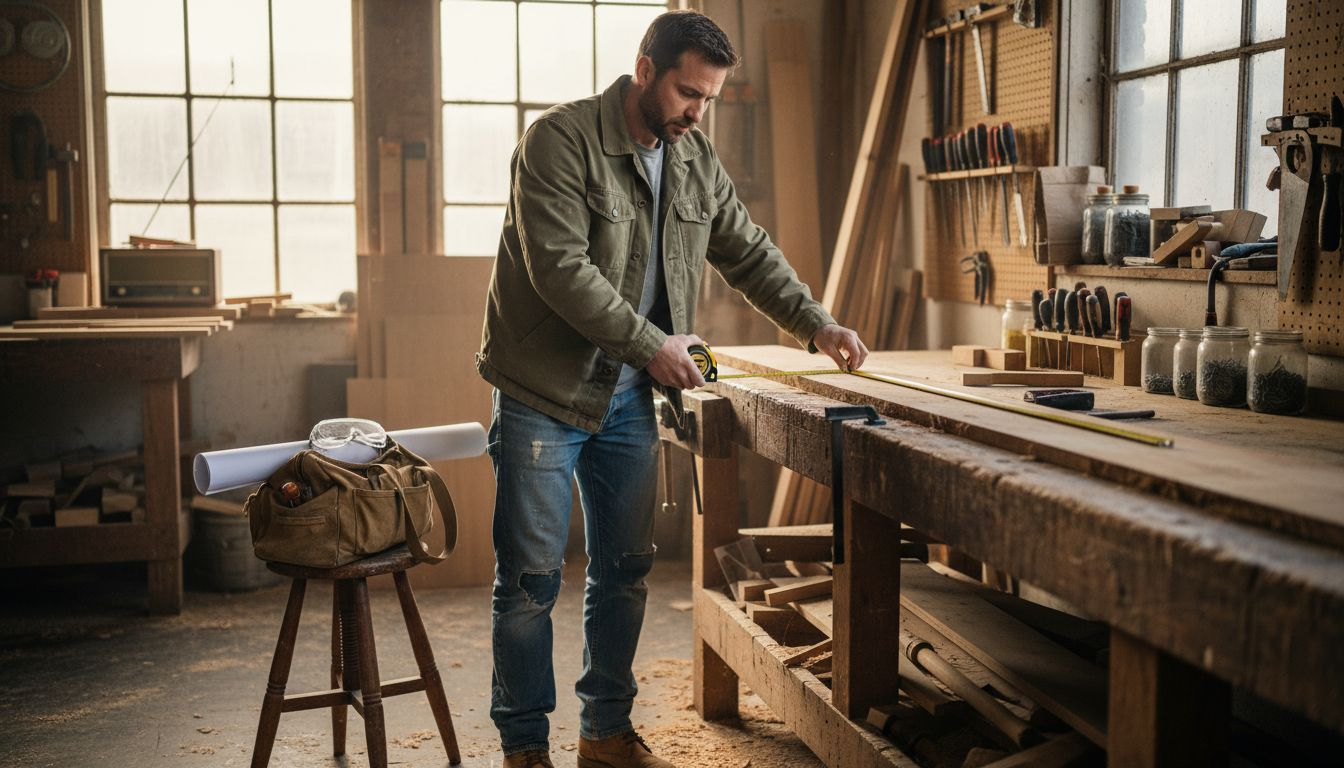 Carpenter measuring plank at workshop bench