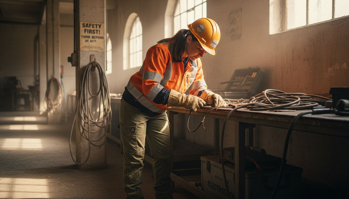 Electrician woman in industrial workshop