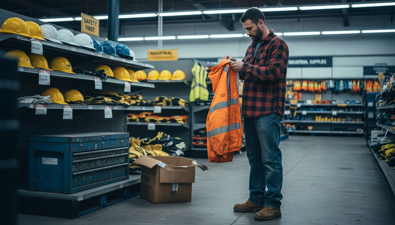 Construction worker choosing safety workwear in store