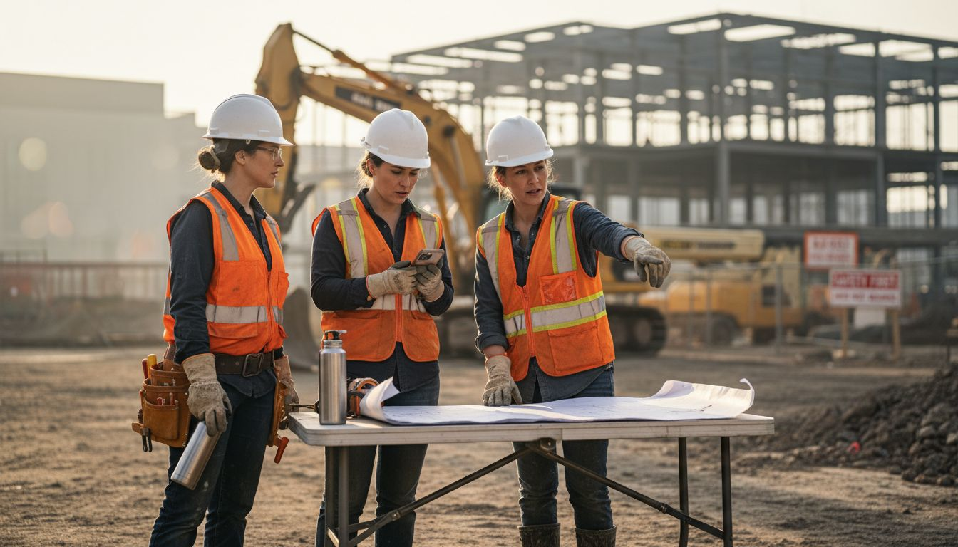 Women in safety gear at busy construction site