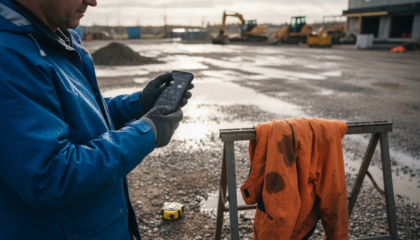 Construction worker with waterproof and water-resistant jackets