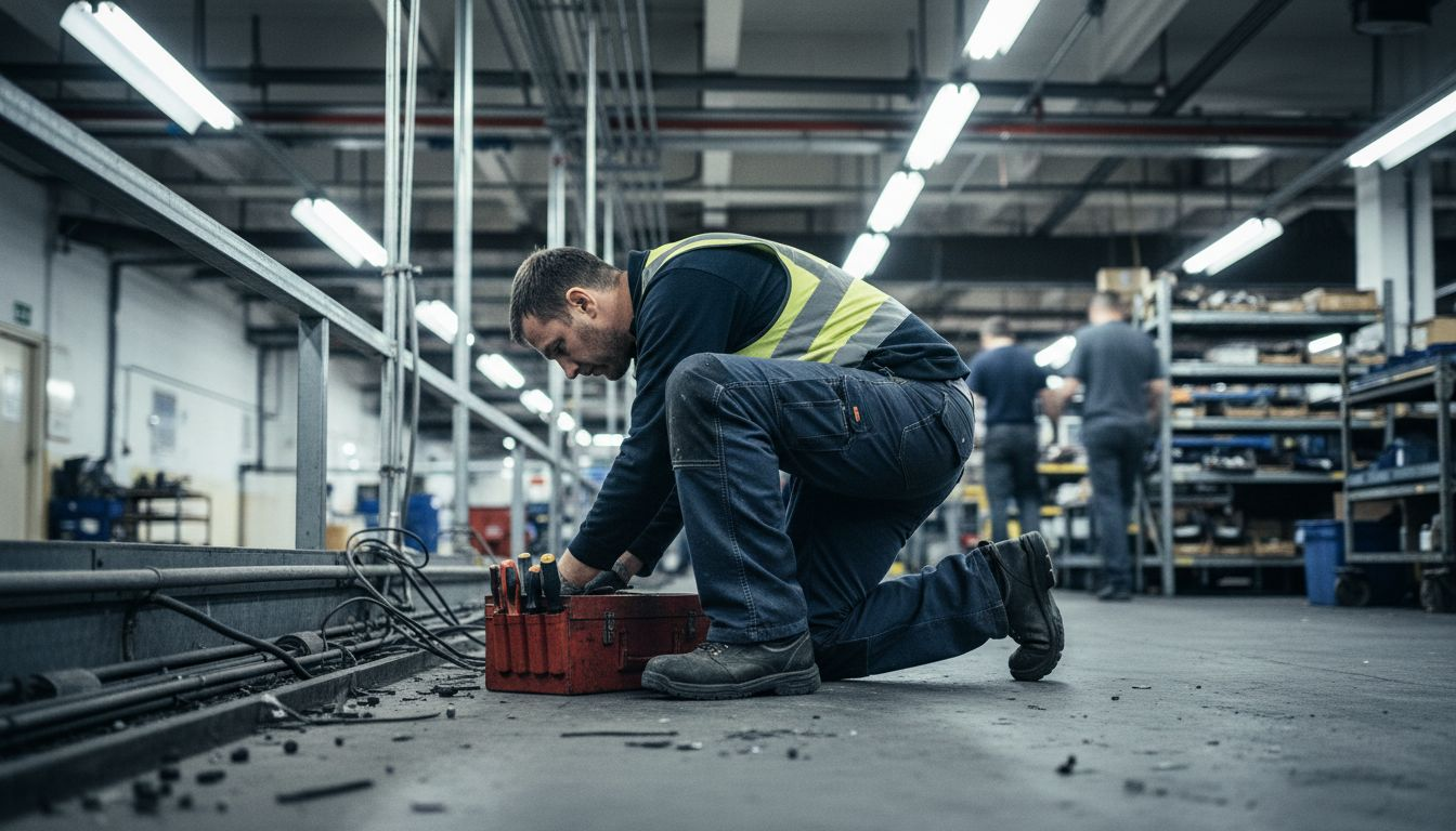 Electrician inspecting work in rugged pants