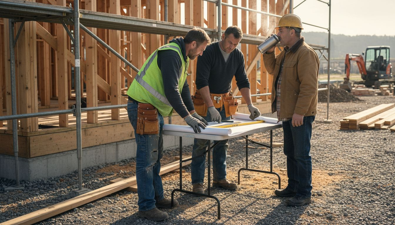 Construction workers checking blueprints outdoors