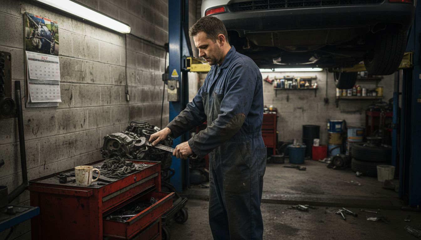 Auto mechanic in greased coveralls working in shop