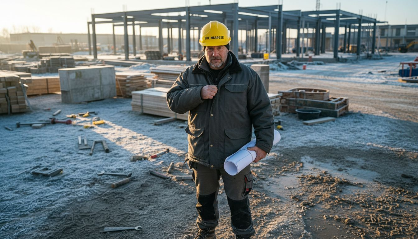 Foreman in insulated work jacket at sunrise