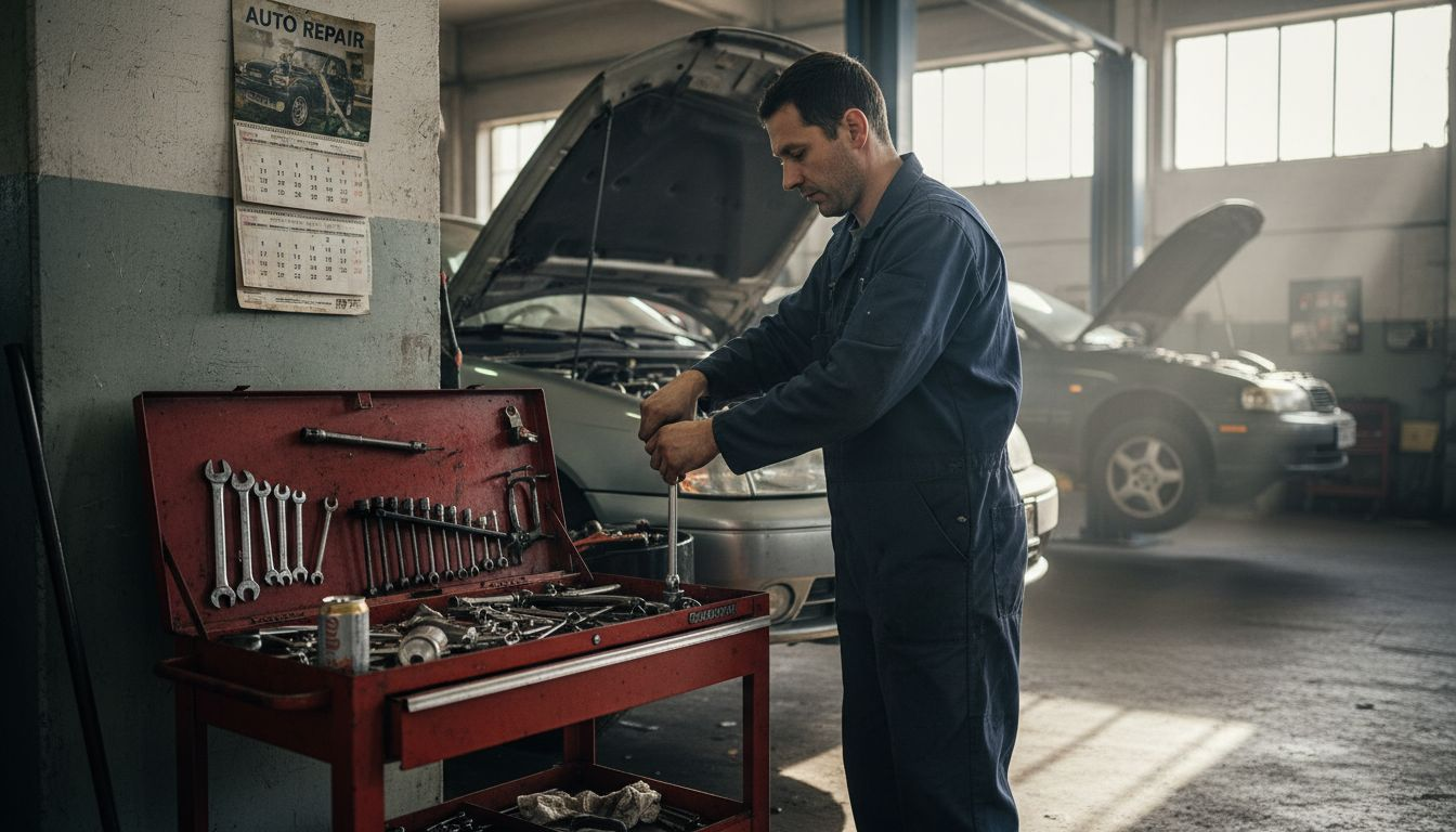 Mechanic in durable overalls working in garage