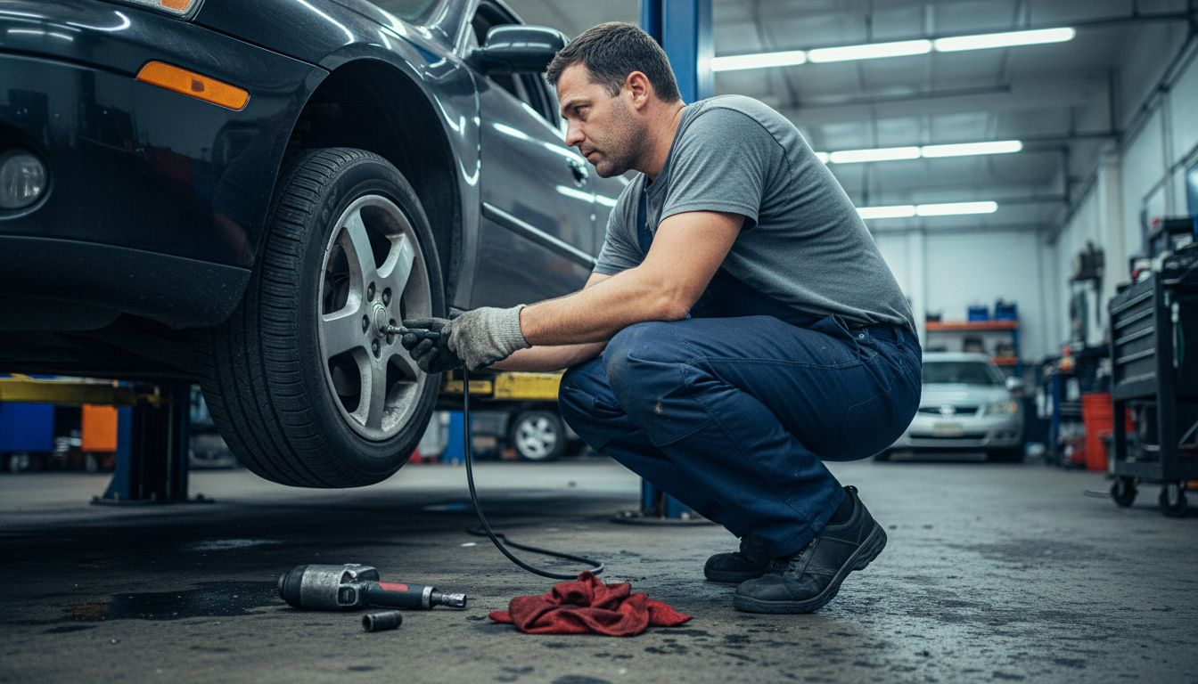 Mechanic inspecting car in durable work pants