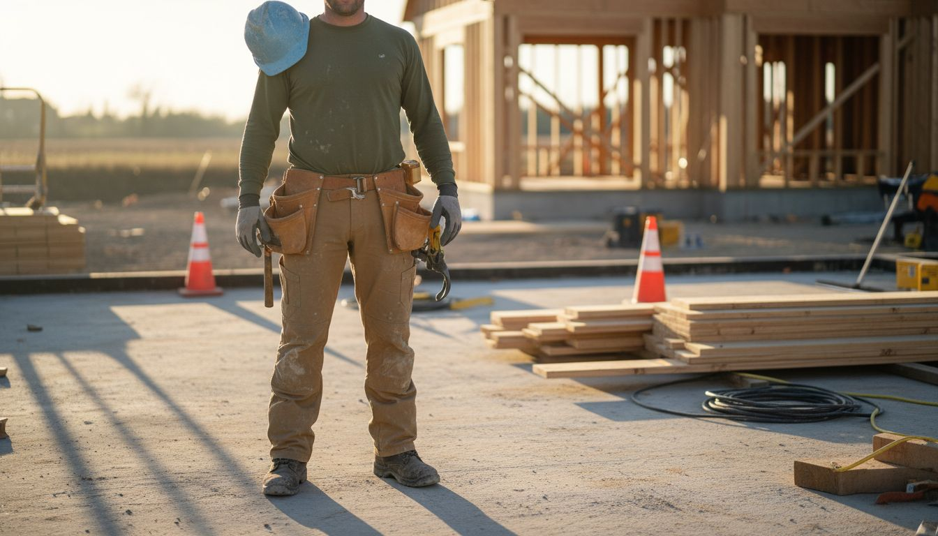 Construction worker in rugged work pants at building site