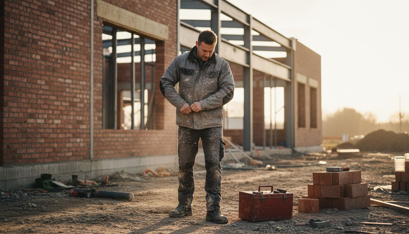 Builder adjusting rugged work jacket on jobsite