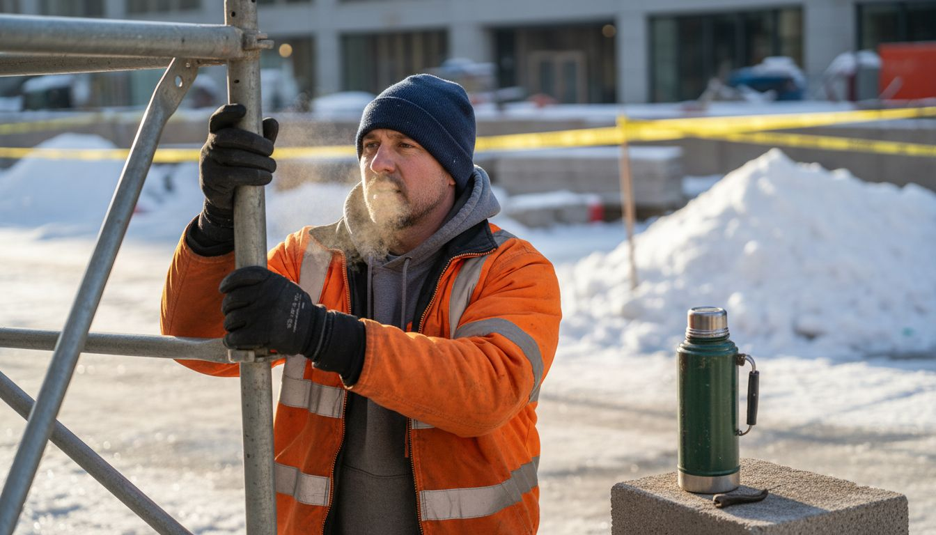 Construction worker layering up on cold site