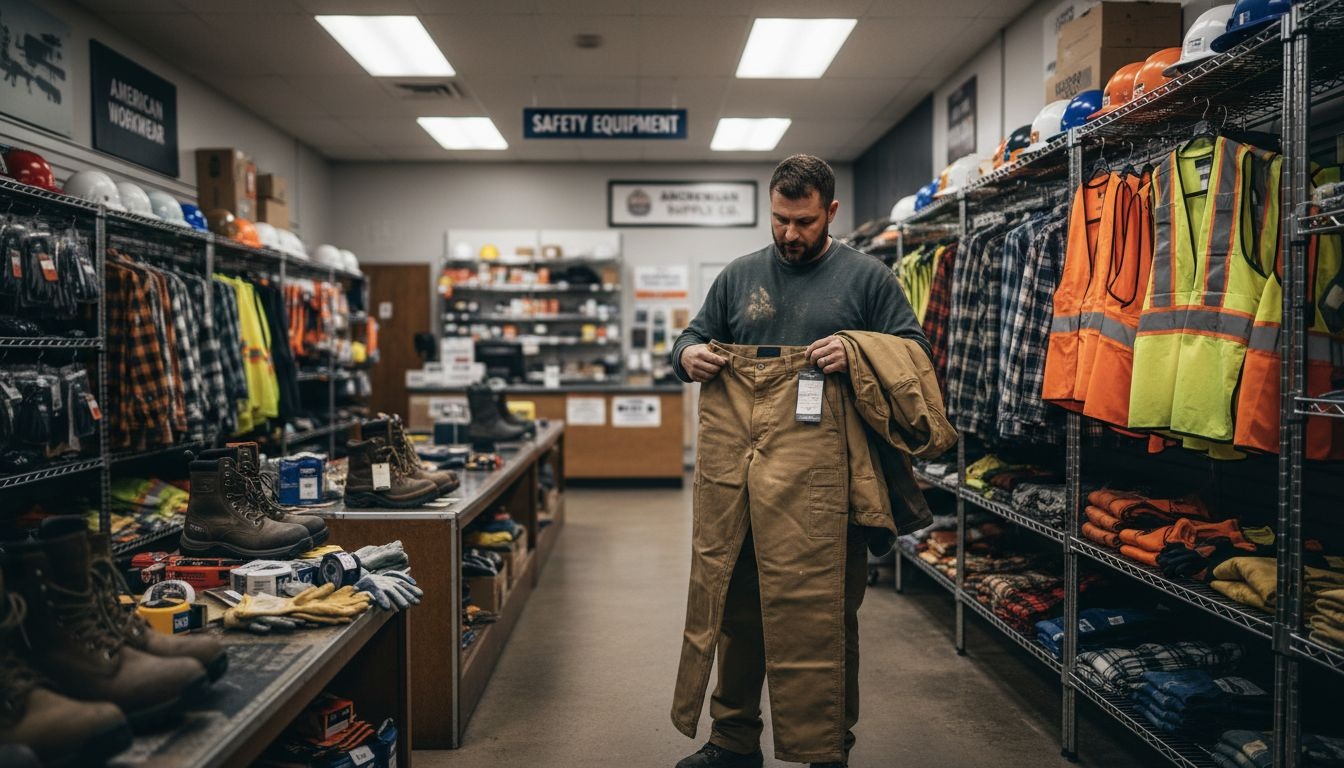 Man evaluates work pants in local shop