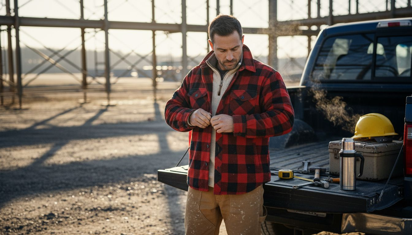 Trade pro prepares work shirt at construction site