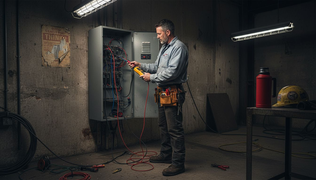 Electrician working in gritty industrial setting