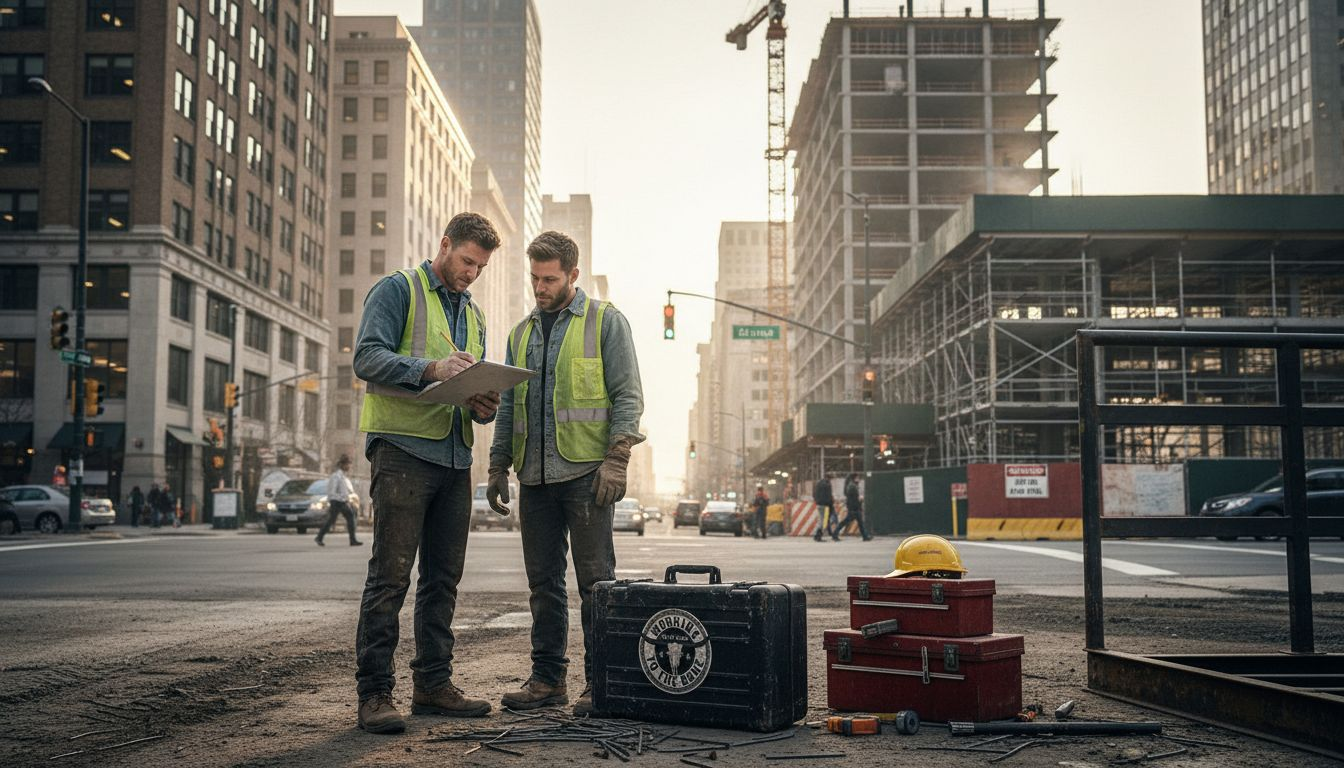 Construction workers checking blueprints onsite