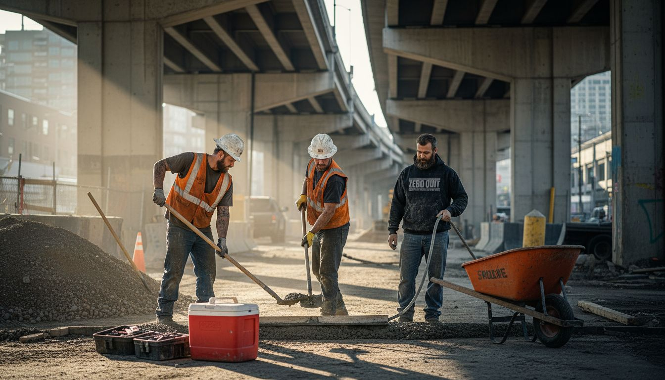 Workers pouring concrete at city site