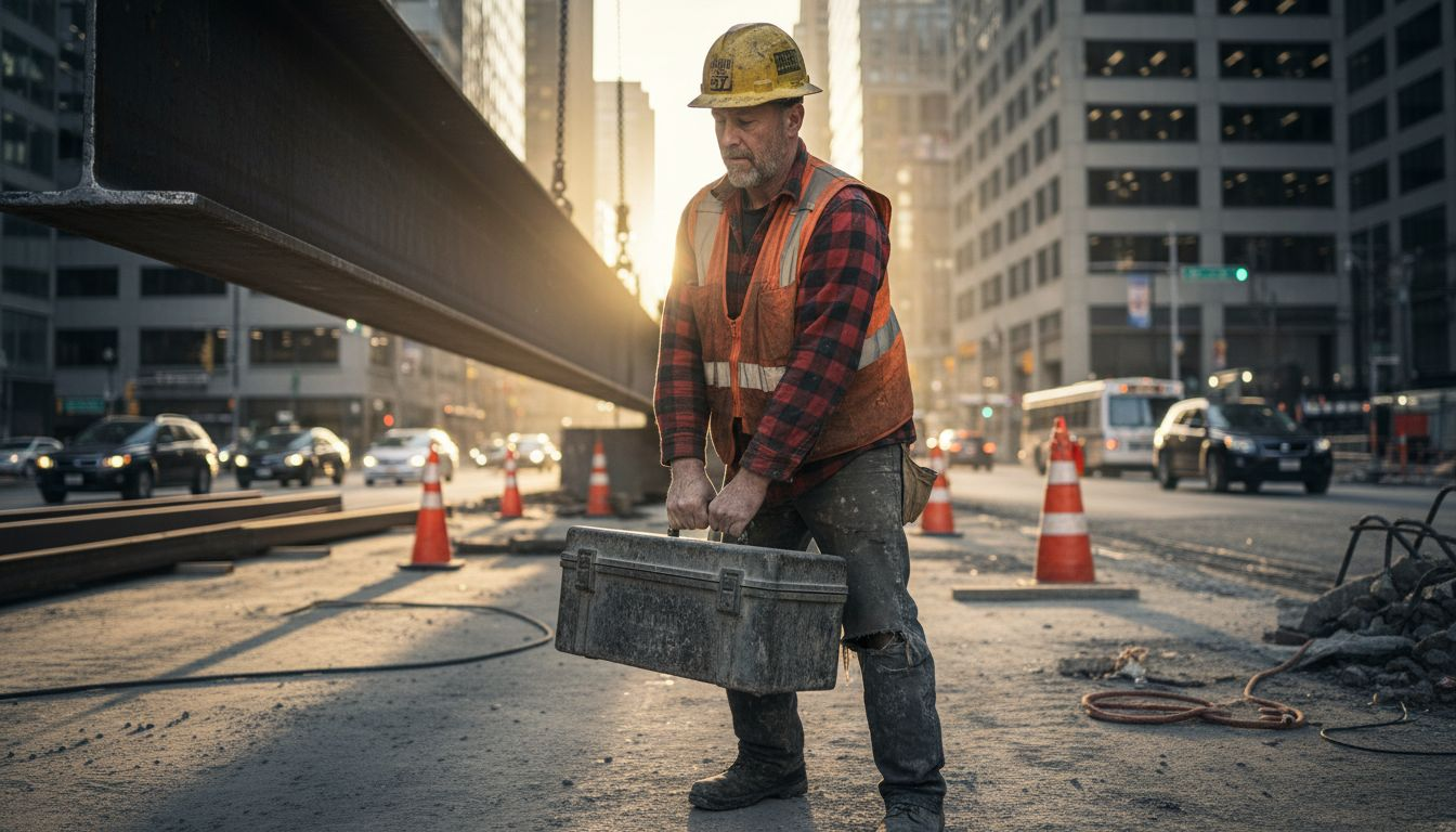 Construction worker lifting toolbox on busy site