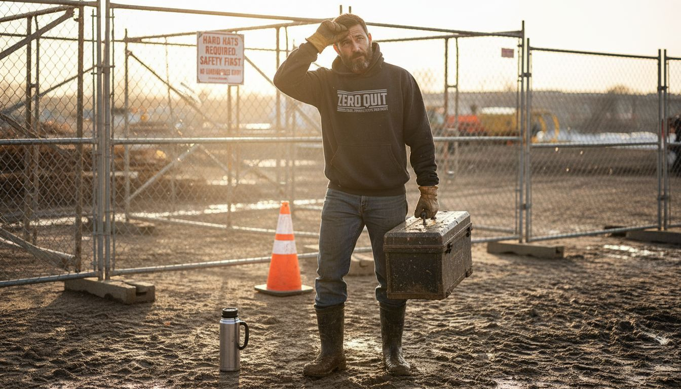 American worker on muddy job site at sunrise